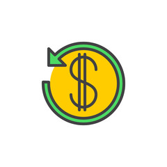 Dollar sign with arrow around line icon, filled outline vector sign, linear colorful pictogram isolated on white. Cashback symbol, logo illustration