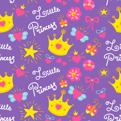 Fototapeta na wymiar Little princess pattern vector. Cute girl background for template birthday card, baby shower invitation, girls wallpaper and fabric. Kids print with stars, flowers, crowns, bows and hearts.