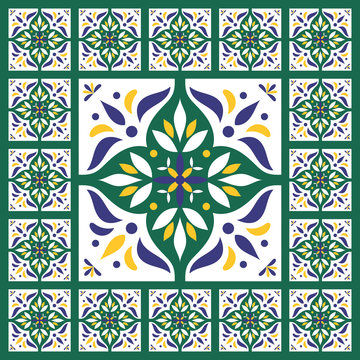 Blue green tiles floor - vintage pattern vector with ceramic cement tiles. Big tile in center is framed in small. Background with portuguese azulejo, mexican talavera, spanish, delft motifs.
