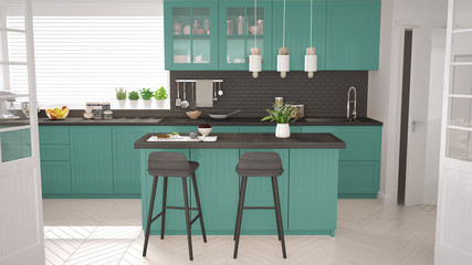 Scandinavian classic kitchen with wooden and turquoise details, minimalistic interior design