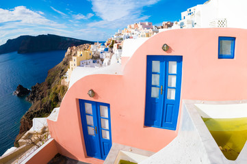 Blue door and window  in Santorini. Oia Village, Greece