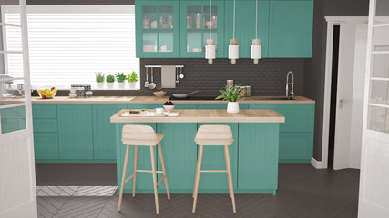 Scandinavian classic kitchen with wooden and turquoise details, minimalistic interior design