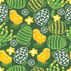 Cute seamless pattern with chicken, eggs, flowers and leaves on a green background. Happy Easter. 