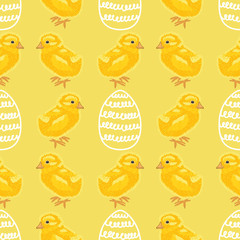 Happy Easter. Holiday seamless pattern with cute chicks and eggs on a yellow background. Hand drawn background. 