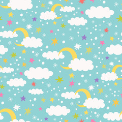 seamless pattern with clouds, stars, confetti and snow