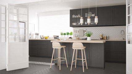 Scandinavian classic kitchen with wooden and gray details, minimalistic interior design