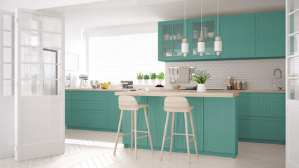 Scandinavian classic kitchen with wooden and turquoise details, minimalistic interior design