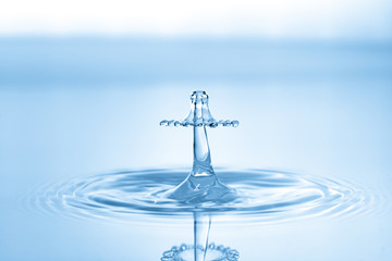 Water crown drop and splash on blue background