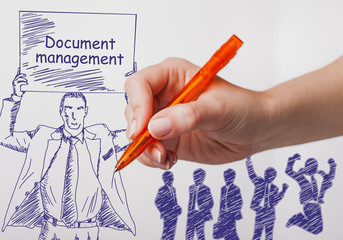 Business, technology, internet and networking concept. The girl draws a pen businessman with a...