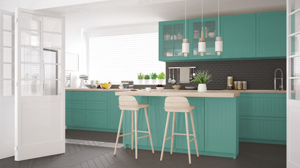 Scandinavian classic kitchen with wooden and turquoise details, minimalistic interior design
