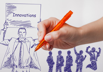 Business, technology, internet and networking concept. The girl draws a pen businessman with a poster in his hands. The sign reads: Innovations