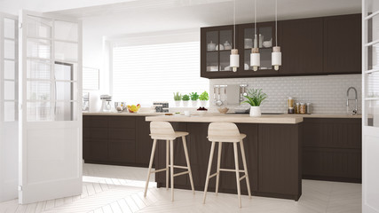 Scandinavian classic kitchen with wooden and brown details, minimalistic interior design