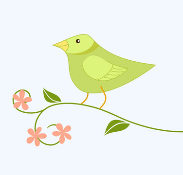 Cute cartoon bird is sitting on a branch with spring flowers. Vector illustration