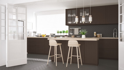 Scandinavian classic kitchen with wooden and brown details, minimalistic interior design