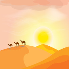 Camel caravan going through the sand dunes in the desert. Beautiful desert landscape with sunset