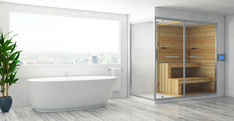 Fototapeta na wymiar Bagno con vasca e bagno turco, sauna