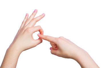 Hand of girl doing sex gesture