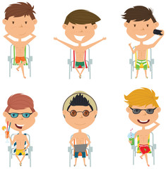 Summer male characters sitting on beach chairs vector illustration.