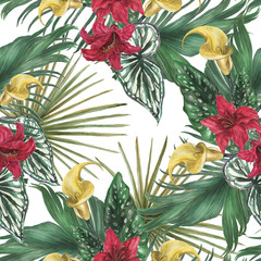 Watercolor painting seamless pattern with beautiful exotic flowers and tropical leaves