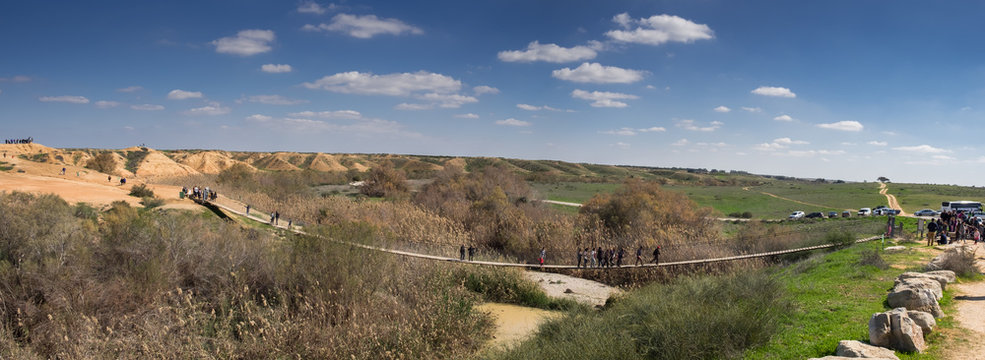 Panoramic view of  Suspension bridge over Besor river in Eshkol National Park. Negev desert. Israel