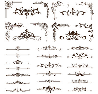 Art deco design elements of vintage ornaments and borders corners of the frameIsolated art nouveau flourishes on a white background