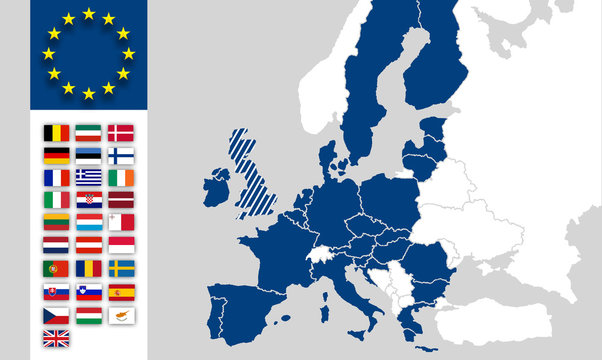 EU Karte Europa Eurasien - EU-L&auml;nder / Mitgliedsstaaten - Brexit UK - EU-Flaggen