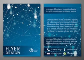 Abstract flyer template design with polygonal background, geometrical backdrop: dots, lines, triangles, global web, connection, science, futuristic. Vector minimalist, trendy illustration, brochure.