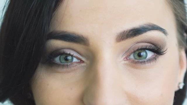 Close up look of opening and blinking eyes. Slowly