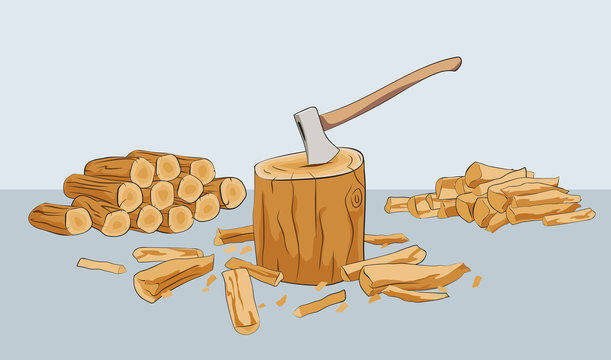 Chopped firewood logs and stump with axe
