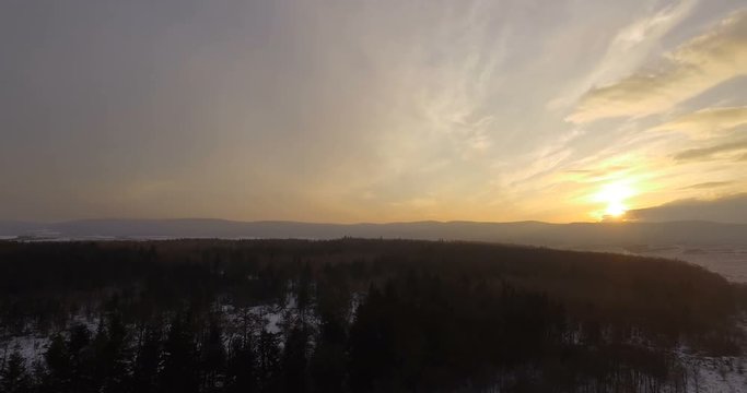 aerial view. winter woods forest landscape. beautiful nature, sunset dusk
