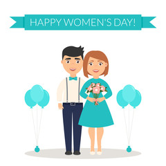 Decoration on March, 8. Male congratulates his female a Happy Women's Day and presents a bouquet of flowers. Cute characters. Flat design vector illustration.