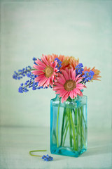 Beautiful spring flowers in a blue vase .Green textured background.
