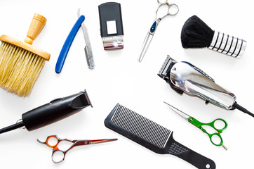 Barber shop equipment tools on white background. Professional hairdressing tools. Comb, scissor, clippers and hair trimmer isolated. 