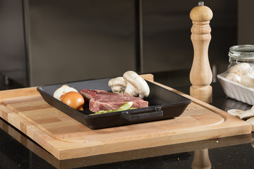 grilled black angus steak on grill iron pan