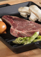 grilled black angus steak on grill iron pan