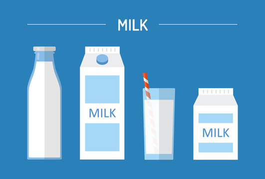 Set of milk in different packages: glass, carton, bottle isolated on blue background. Elements for design dairy products, logo farm, grocery store, health food, etc. Vector flat design illustration.
