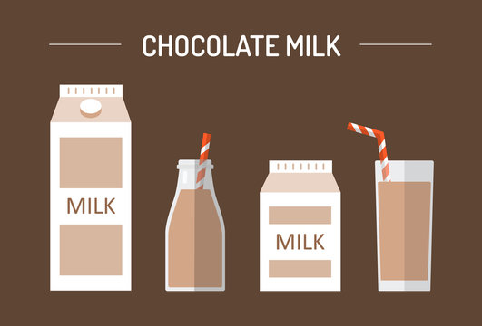 Set of chocolate milk in different packages: glass, carton, bottle isolated on brown background.  Vector flat design illustration.
