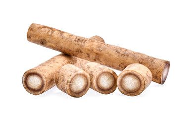 Burdock roots on white background