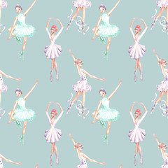 Seamless pattern with watercolor ballet dancers, hand drawn isolated on a blue background