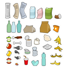 Rubbish icon collection. Garbage set. trash sign. litter symbol. peel from banana and stub. Tin and old newspaper. Bone and packaging. Crumpled paper and plastic bottle