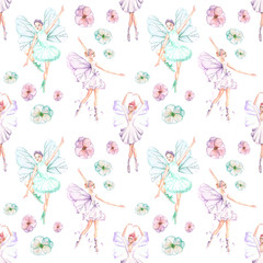 Fototapety  Seamless pattern with watercolor ballet dancers with butterfly wings and flowers, hand drawn isolated on a white background