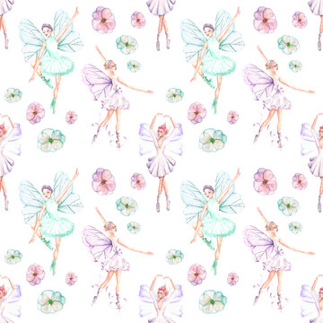 Seamless pattern with watercolor ballet dancers with butterfly wings and flowers, hand drawn isolated on a white background