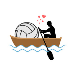 Lover Volleyball. Guy and ball ride in boat. Lovers of sailing. Romantic date. Love sport play game