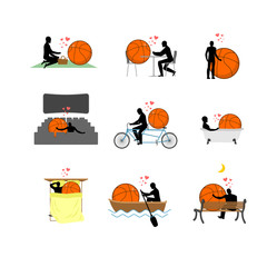 Lover Basketball set. Man and ball in movie theater. Lovers in bath. Romantic rendezvous. boat. person sitting on bench. Joint walk. Cycling tandem. Breakfast in cafe. Picnic in park. love sport game.