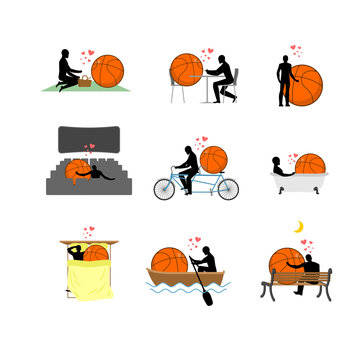 Lover Basketball set. Man and ball in movie theater. Lovers in bath. Romantic rendezvous. boat. person sitting on bench. Joint walk. Cycling tandem. Breakfast in cafe. Picnic in park. love sport game.