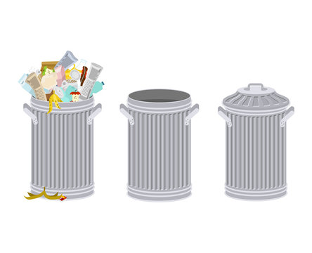 Trash can with Rubbish isolated. Wheelie bin with Garbage on white background. Dumpster iron. peel from banana and stub. Tin and old newspaper. Bone and packaging. Crumpled paper and plastic bottle