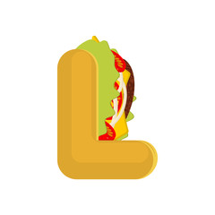 Letter L tacos. Mexican fast food font. Taco alphabet symbol. Mexico meal ABC