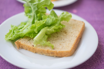 slices of whole grain bread and green oak lettuce