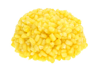 Portion of shoepeg white corn with a butter sauce isolated on a white background.