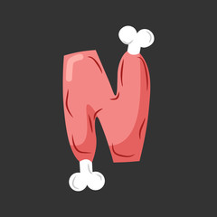 Letter N meat font. Pork and bone alphabet sign. Ham lettering. Beef ABC symbol